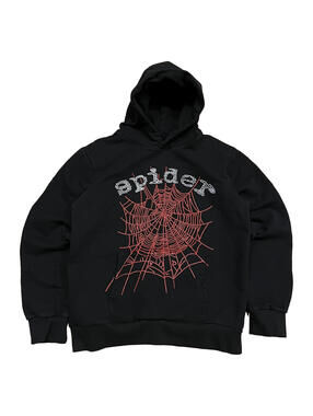 SP5DER Hoodie Men's M Black Rhinestone Spider Web Pullover Streetwear